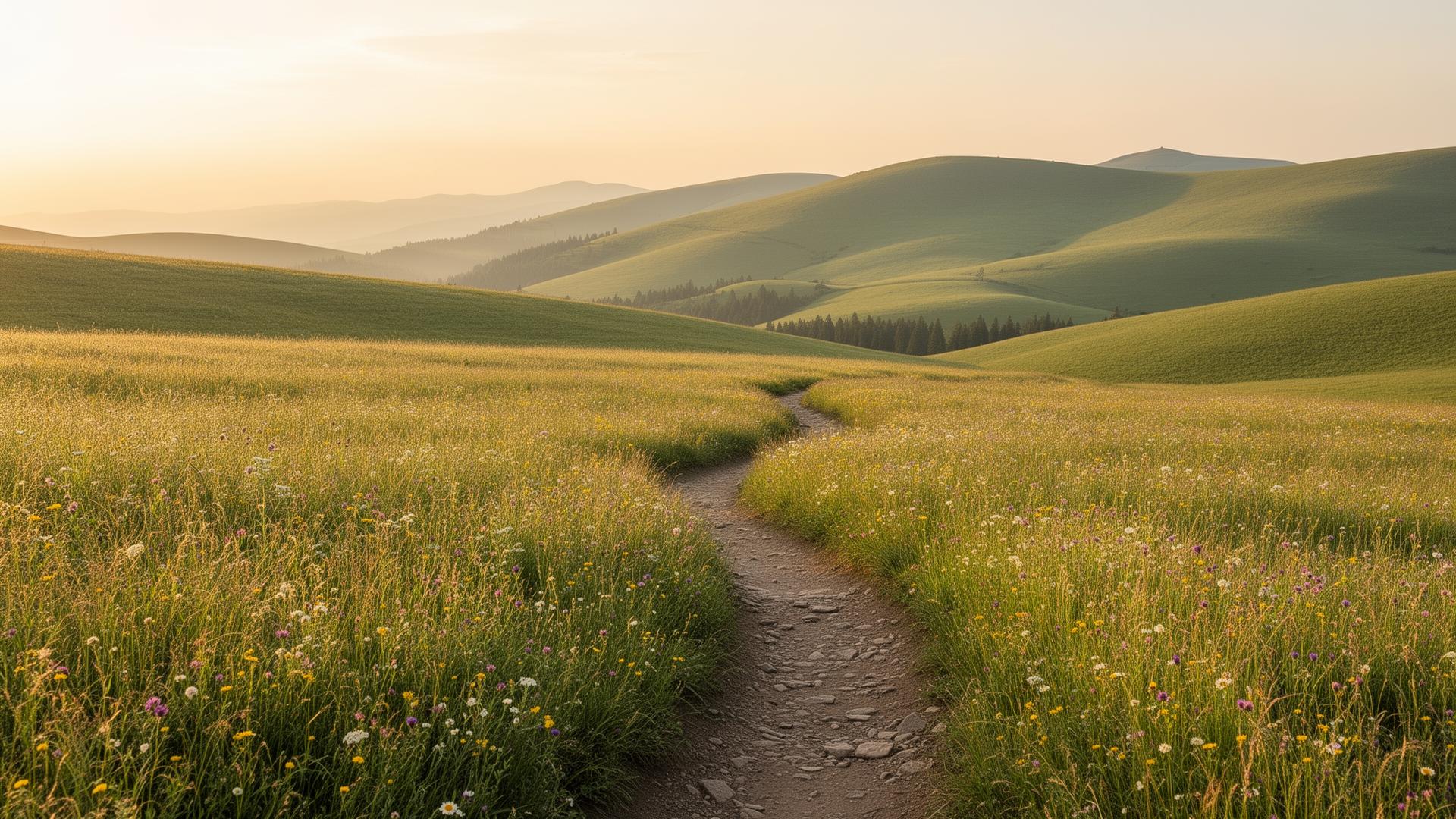 A sunlit trail winding through a wildflower meadow toward rolling green hills at golden hour